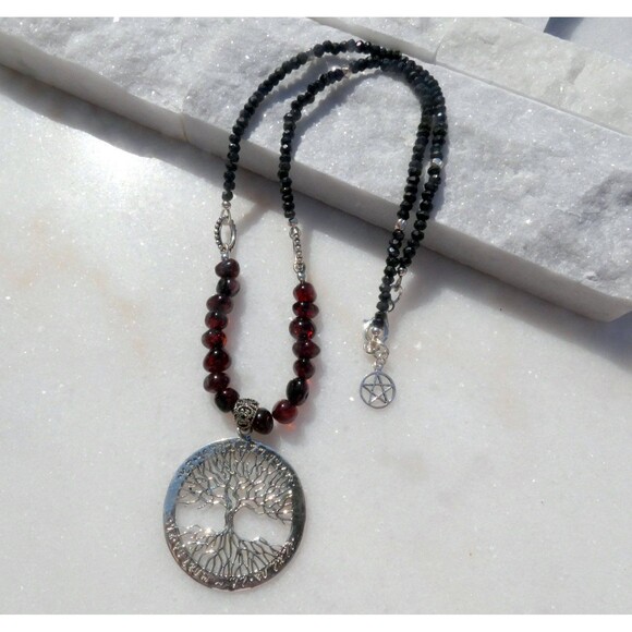 Tree of Life Mickie Mueller Pendant Necklace Beaded Spinel Amber Pentagram - Picture 2 of 5
